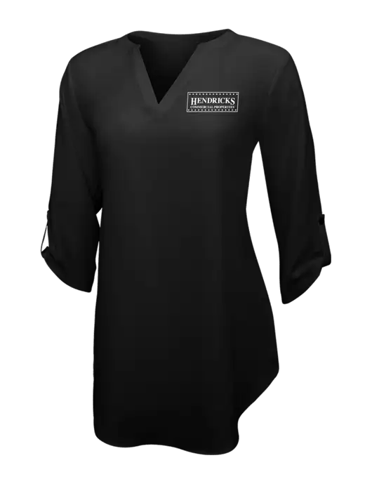 Womens Black 3/4 Sleeve Tunic Blouse w/Hendricks Commercial Properties Logo