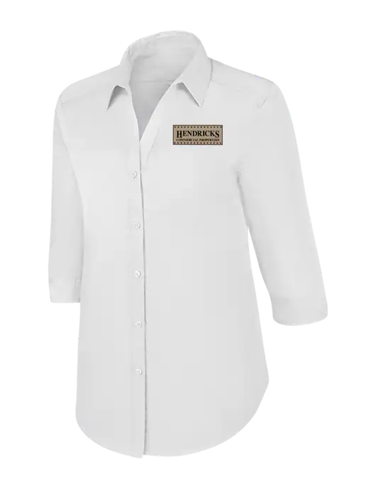 Womens White 3/4 Sleeve Carefree Poplin Shirt w/Hendricks Commercial Properties Logo