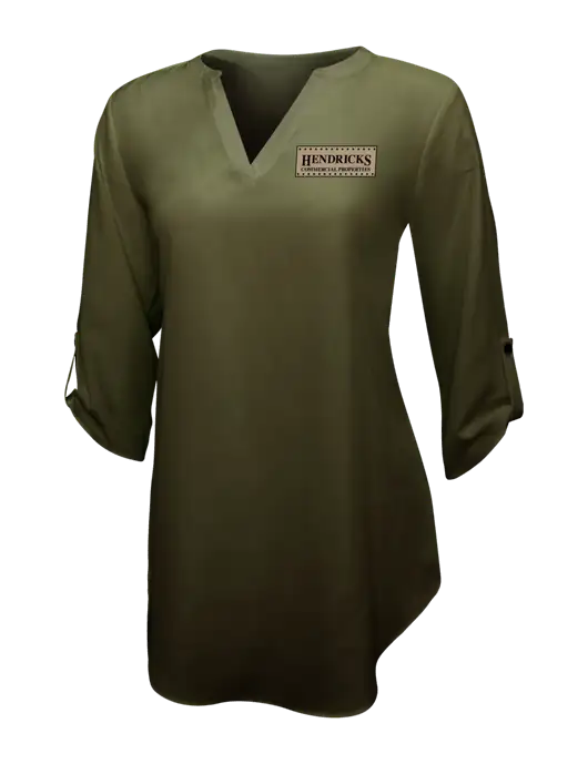 Womens Dark Olive 3/4 Sleeve Tunic Blouse w/Hendricks Commercial Properties Logo