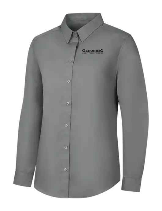 Womens Medium Grey Long Sleeve Carefree Poplin Shirt w/Geronimo Logo