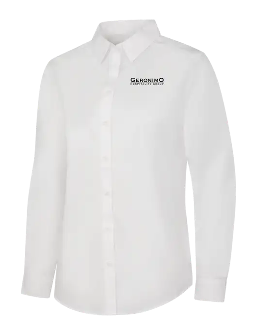 Womens White Long Sleeve Carefree Poplin Shirt w/Geronimo Logo