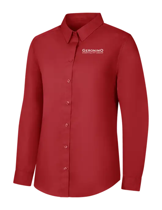 Womens Rich Red  Long Sleeve Carefree Poplin Shirt w/Geronimo Logo