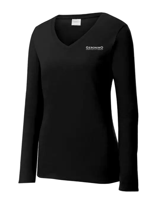 Womens V-Neck Ring Spun Jet Black 4.5 oz Long Sleeve T-Shirt w/Geronimo Logo