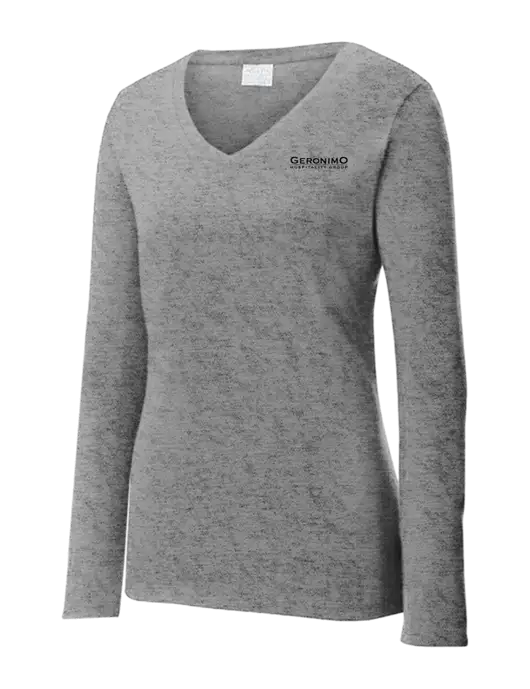 Womens  V-Neck Ring Spun Grey Heather 4.5 oz Long Sleeve T-Shirt w/Geronimo Logo