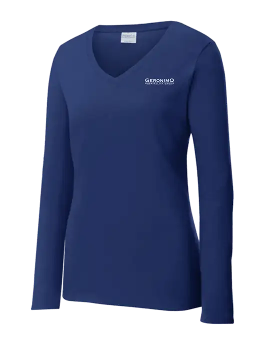 Womens  V-Neck Ring Spun Navy 4.5 oz Long Sleeve T-Shirt w/Geronimo Logo