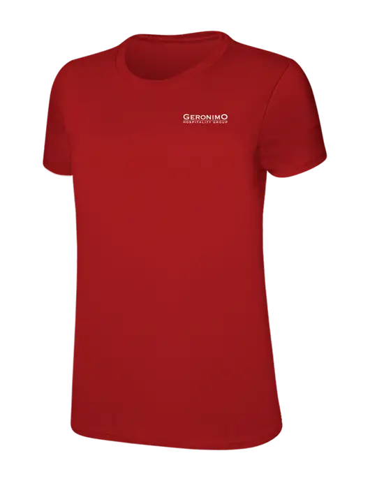 Womens Ring Spun Bright Red 4.5 oz T-Shirt w/Geronimo Logo