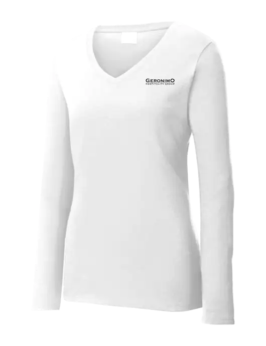 Womens  V-Neck Ring Spun White 4.5 oz Long Sleeve T-Shirt w/Geronimo Logo