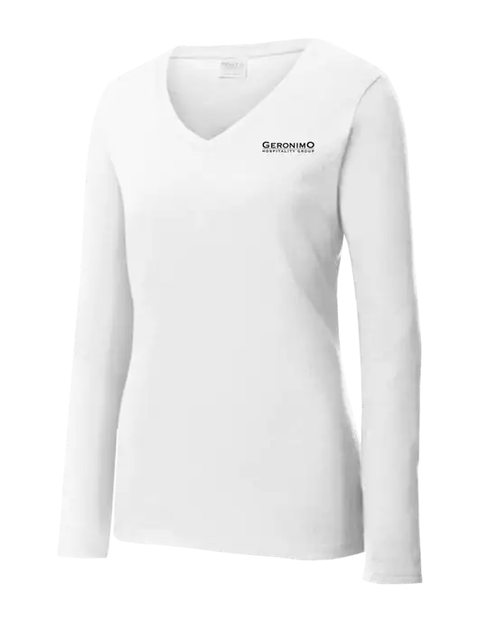 Womens  V-Neck Ring Spun White 4.5 oz Long Sleeve T-Shirt w/Geronimo Logo