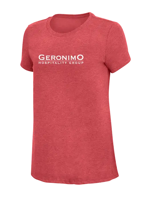 Womens Simply Soft Red Frost 4.5oz Poly/Combed Ring Spun Cotton T-Shirt w/Geronimo Logo