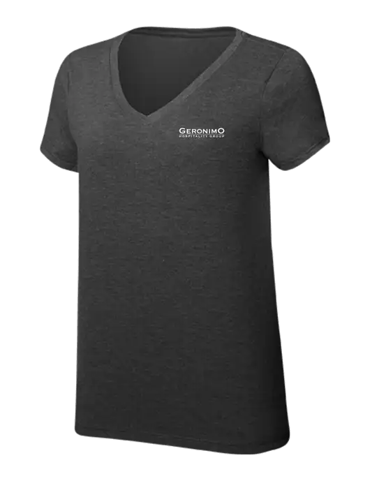 Womens Simply Soft V-Neck Black Frost 4.5oz  Poly/Combed Ring Spun Cotton T-Shirt w/Geronimo Logo
