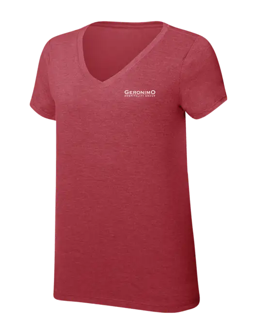 Womens Simply Soft V-Neck Red Frost 4.5oz  Poly/Combed Ring Spun Cotton T-Shirt w/Geronimo Logo