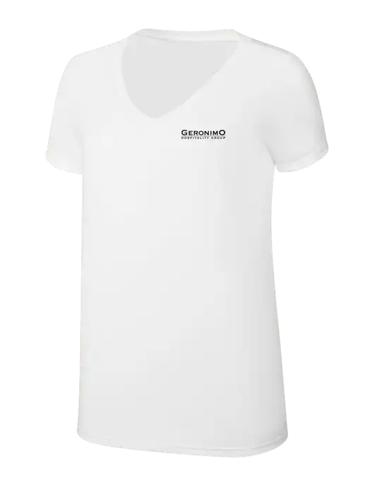 Womens Simply Soft V-Neck White 4.5oz  Poly/Combed Ring Spun Cotton T-Shirt w/Geronimo Logo