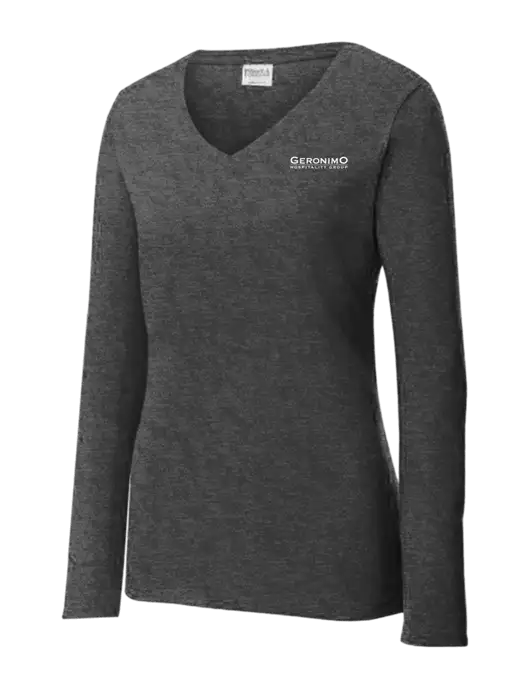 Womens  V-Neck Ring Spun Dark Heather Grey 4.5 oz Long Sleeve T-Shirt w/Geronimo Logo