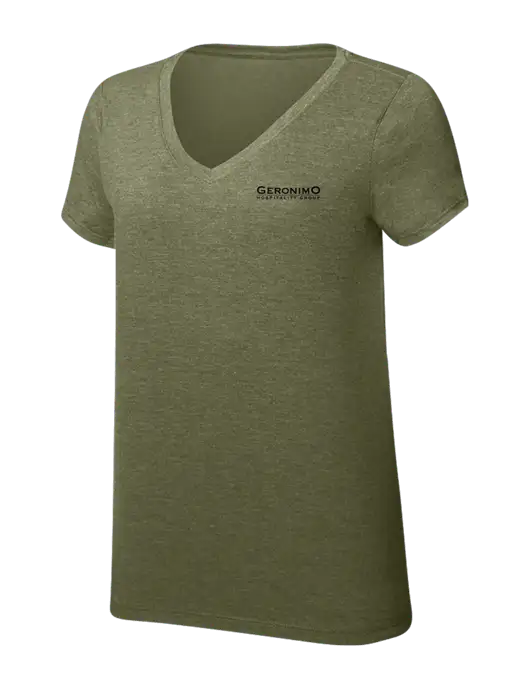 Womens Simply Soft V-Neck Military Green Frost 4.5oz  Poly/Combed Ring Spun Cotton T-Shirt w/Geronimo Logo