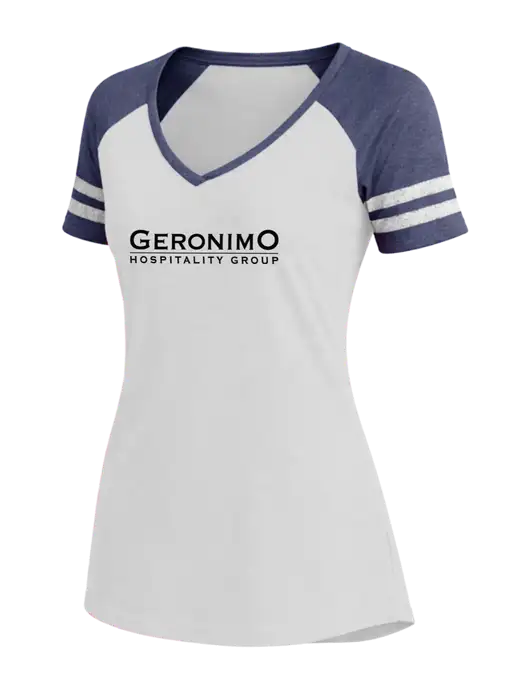 Womens White/Navy Heather V-Neck Game Tee w/Geronimo Logo