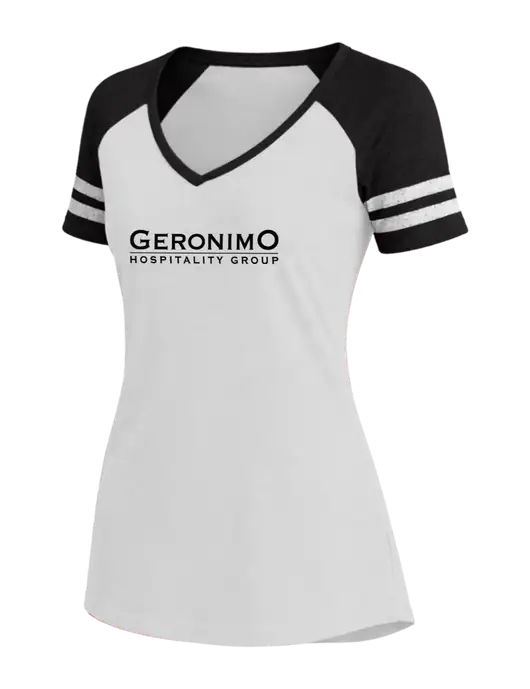 Womens White/Black V-Neck Game Tee w/Geronimo Logo