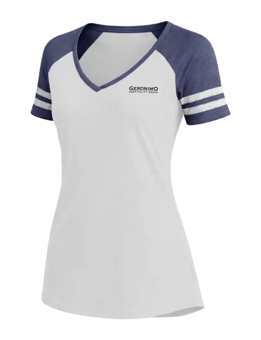 Womens White/Navy Heather V-Neck Game Tee w/Geronimo Logo