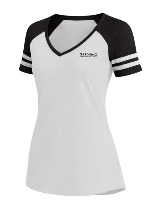 Womens White/Black V-Neck Game Tee w/Geronimo Logo