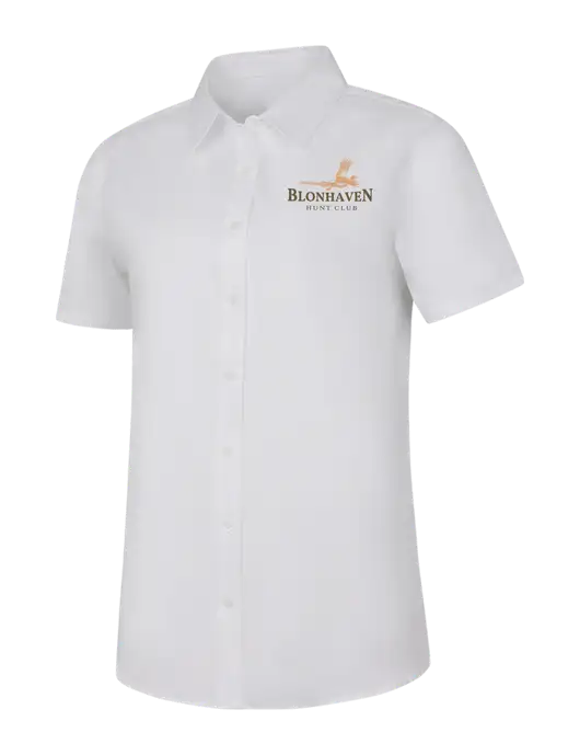 Womens White Short Sleeve Superpro React Twill Shirt w/Blonhaven Hunt Club Logo