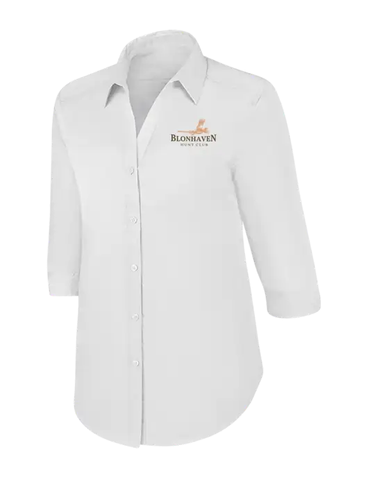 Womens White 3/4 Sleeve Carefree Poplin Shirt w/Blonhaven Hunt Club Logo