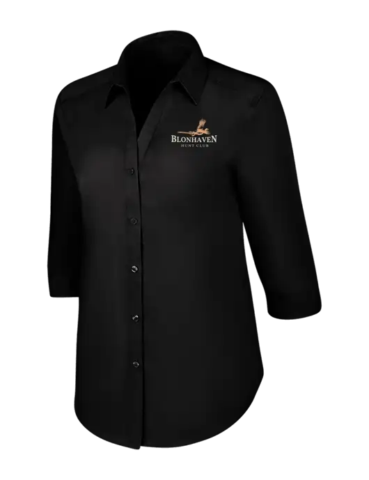 Womens Black 3/4 Sleeve Carefree Poplin Shirt w/Blonhaven Hunt Club Logo