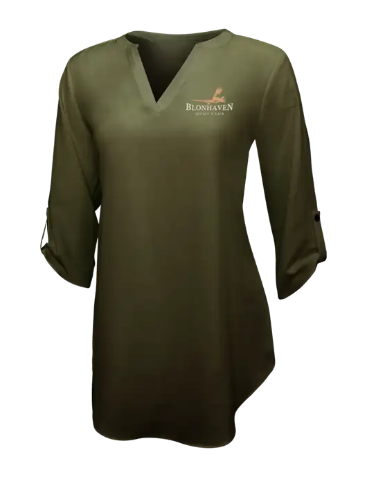 Womens Dark Olive 3/4 Sleeve Tunic Blouse w/Blonhaven Hunt Club Logo