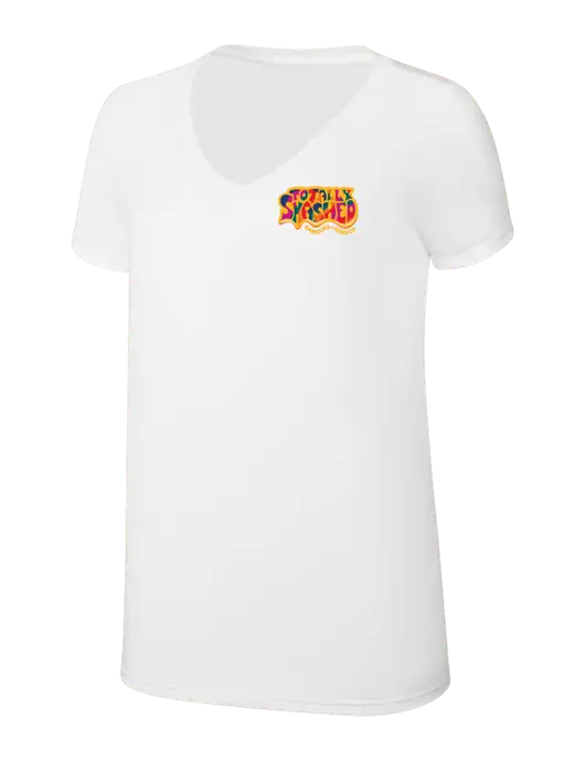 Womens Simply Soft V-Neck White 4.5oz  Poly/Combed Ring Spun Cotton T-Shirt w/Totally Smashed Logo