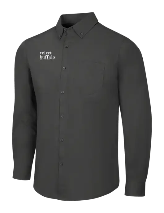 Dark Grey Long Sleeve Carefree Poplin Shirt w/Velvet Buffalo Logo