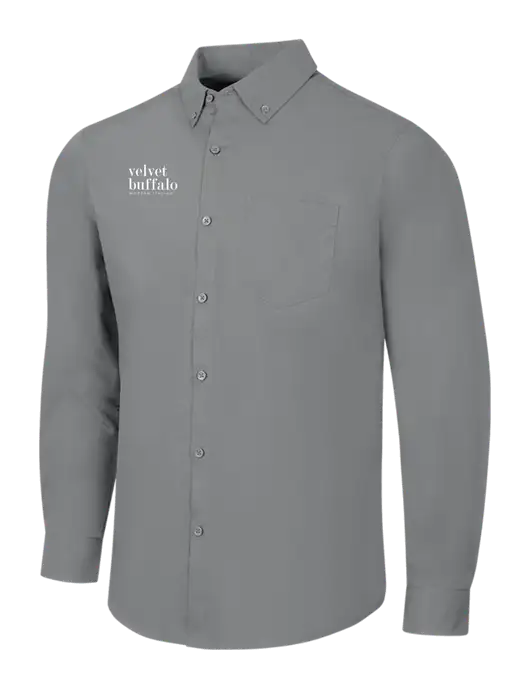 Medium Grey Long Sleeve Carefree Poplin Shirt w/Velvet Buffalo Logo