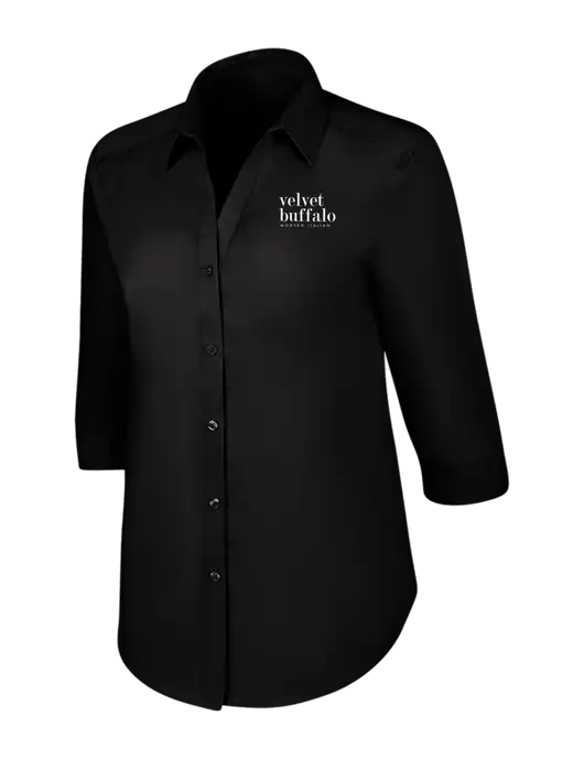 Womens Black 3/4 Sleeve Carefree Poplin Shirt w/Velvet Buffalo Logo