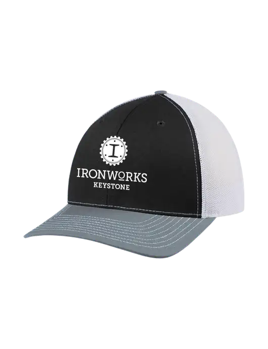 Richardson Adjustable Snapback Original 112 Trucker Cap Black/Light Heather Grey/White Mesh w/Ironworks at Keystone Logo
