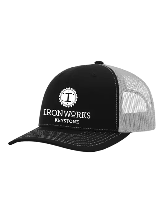 Richardson Adjustable Snapback Original 112 Trucker Cap Black w/White Mesh w/Ironworks at Keystone Logo