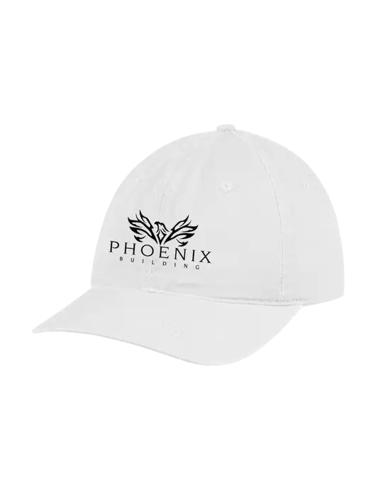 Garment Washed Unstructured Twill White Cap w/Phoenix Building Logo