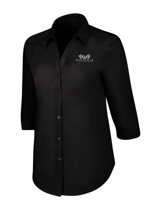 Womens Black 3/4 Sleeve Carefree Poplin Shirt w/Phoenix Building Logo