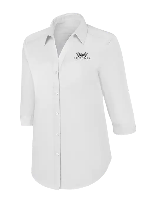 Womens White 3/4 Sleeve Carefree Poplin Shirt w/Phoenix Building Logo