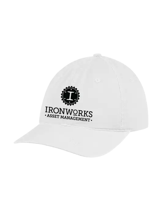 Garment Washed Unstructured Twill White Cap w/Ironworks Asset Mgmt Logo