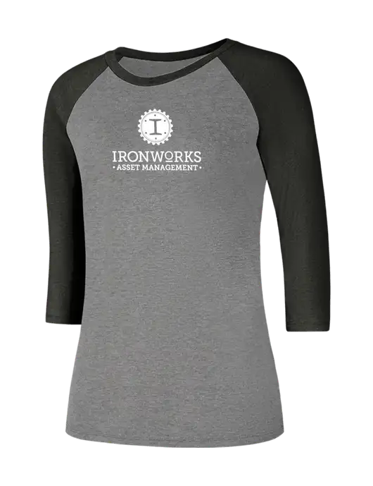 Womens Simply Soft 3/4 Sleeve Black Frost/Grey Frost Ring Spun Cotton T-Shirt w/Ironworks Asset Mgmt Logo