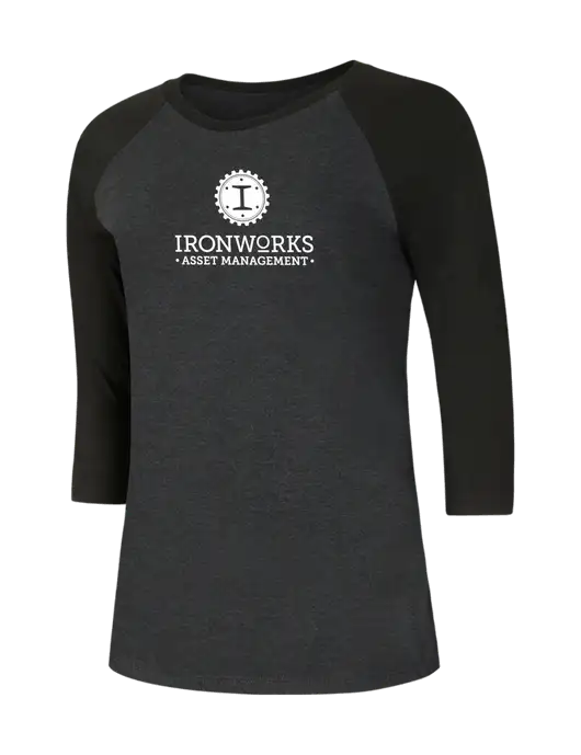 Womens Simply Soft 3/4 Sleeve Black/Black Frost Ring Spun Cotton T-Shirt w/Ironworks Asset Mgmt Logo