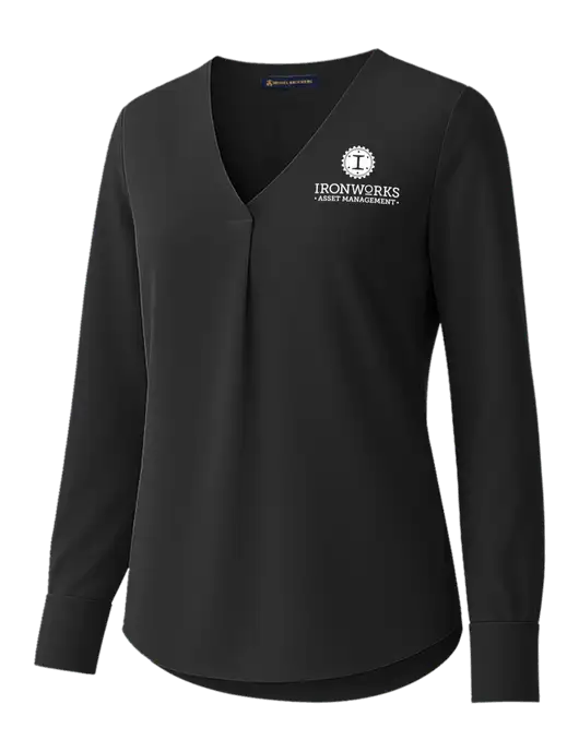 Brooks Brothers Womens Black Open-Neck Satin Blouse  w/Ironworks Asset Mgmt Logo