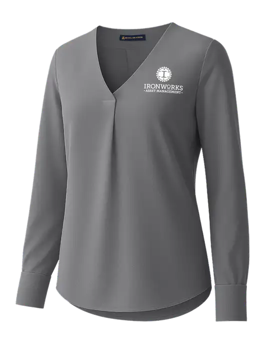 Brooks Brothers Womens Medium Grey Open-Neck Satin Blouse  w/Ironworks Asset Mgmt Logo
