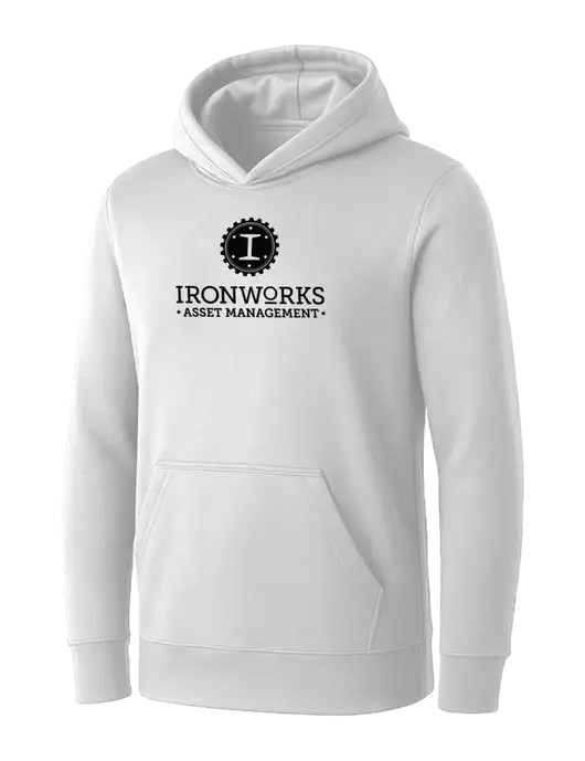 Womens White Core Fleece Pullover Hooded Sweatshirt w/Ironworks Asset Mgmt Logo