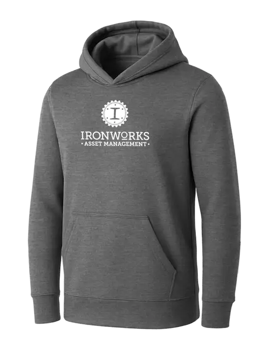 Womens Medium Grey Heather Core Fleece Pullover Hooded Sweatshirt w/Ironworks Asset Mgmt Logo