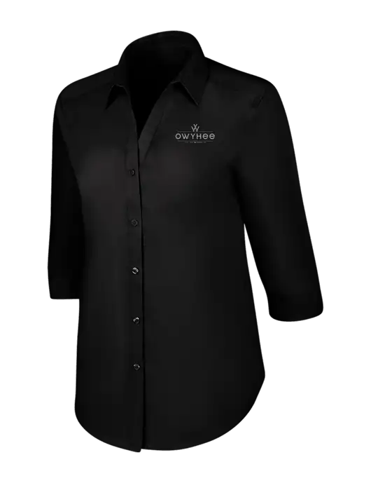 Womens Black 3/4 Sleeve Carefree Poplin Shirt w/The Owyhee Logo