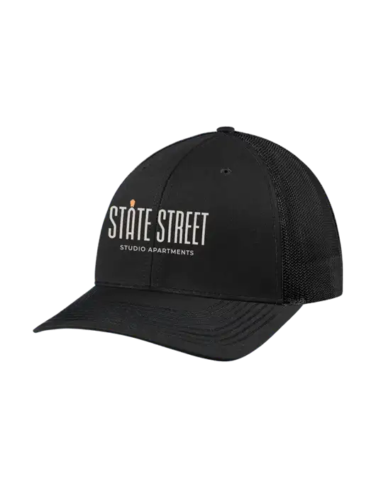 Richardson Adjustable Snapback Original 112 Trucker Cap Black w/Black Mesh w/State Street Studio Apts Logo