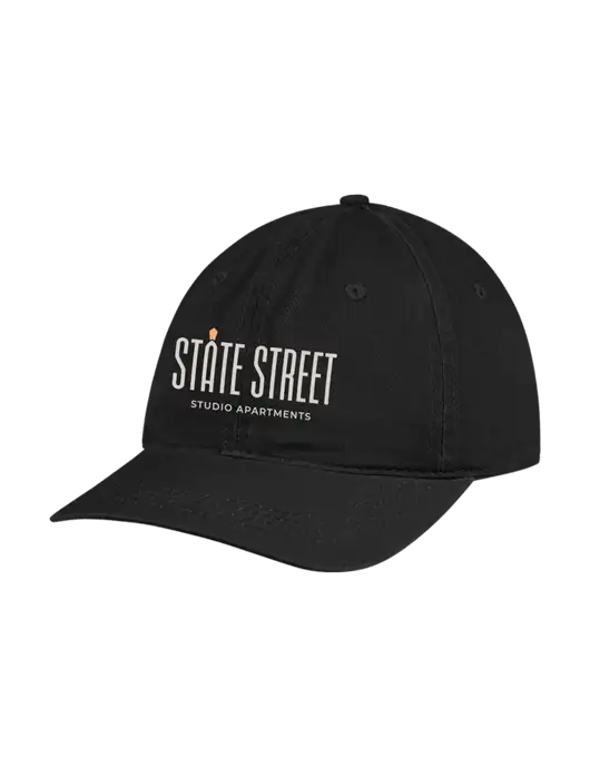 Garment Washed Unstructured Twill Black Cap w/State Street Studio Apts Logo