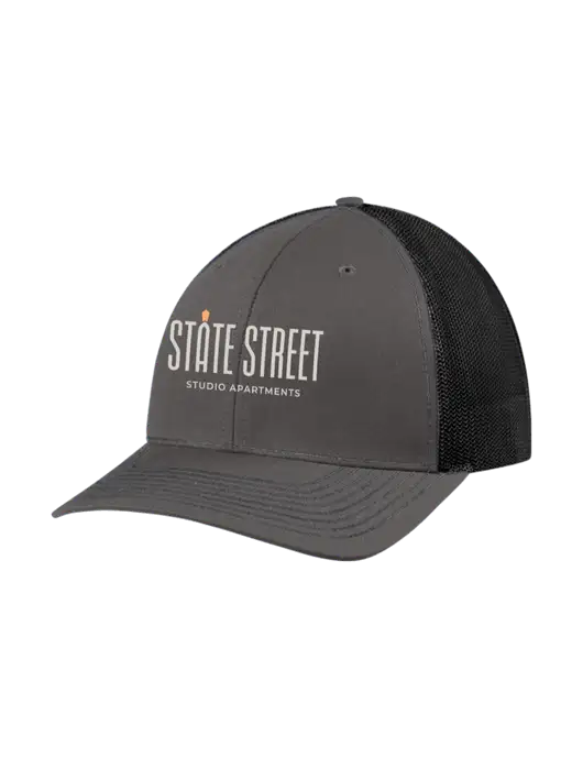 Richardson Adjustable Snapback Original 112 Trucker Cap Dark Grey w/Black Mesh w/State Street Studio Apts Logo