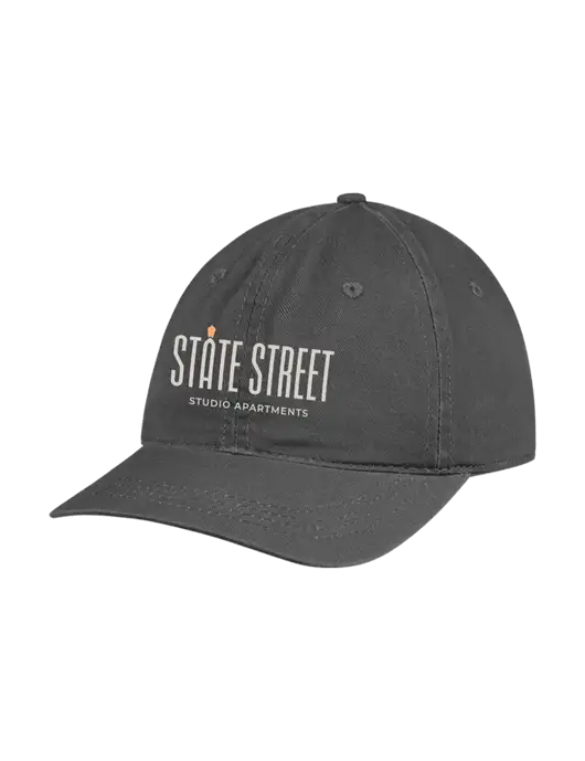 Garment Washed Unstructured Twill Charcoal Cap w/State Street Studio Apts Logo
