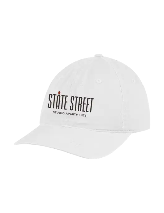 Garment Washed Unstructured Twill White Cap w/State Street Studio Apts Logo