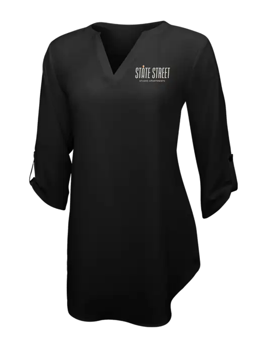 Womens Black 3/4 Sleeve Tunic Blouse w/State Street Studio Apts Logo