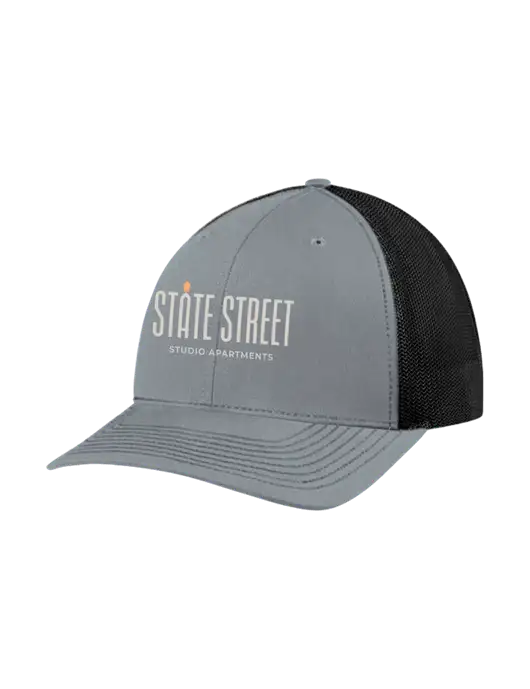 Richardson Adjustable Snapback Original 112 Trucker Cap Heather Grey w/Black Mesh w/State Street Studio Apts Logo